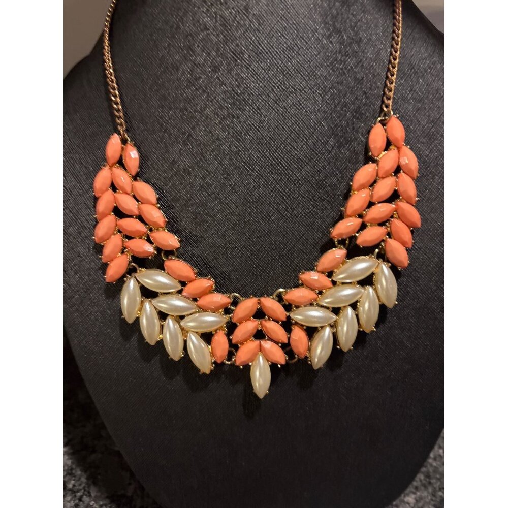 Vintage Coral & Pearl Leaf Design Statement Necklace